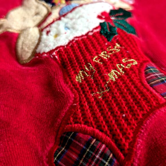 🎄 Vintage 1990s Baby Christmas Footie Pajamas "My First X-Mas” Red Velour 3-6 M - Picture 7 of 12